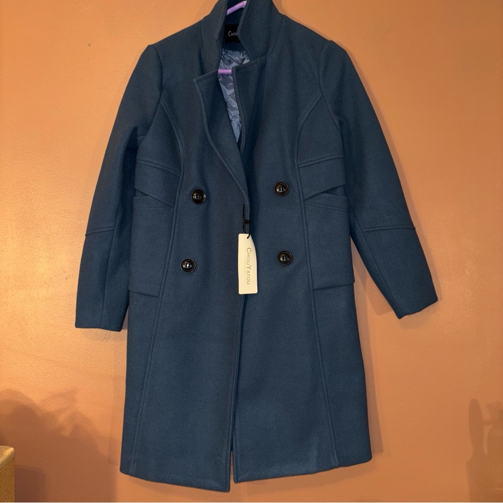 Chouyatou Long Pea Coat Jacket Blue Womens Sz XS Buttons Collared Lined NWT